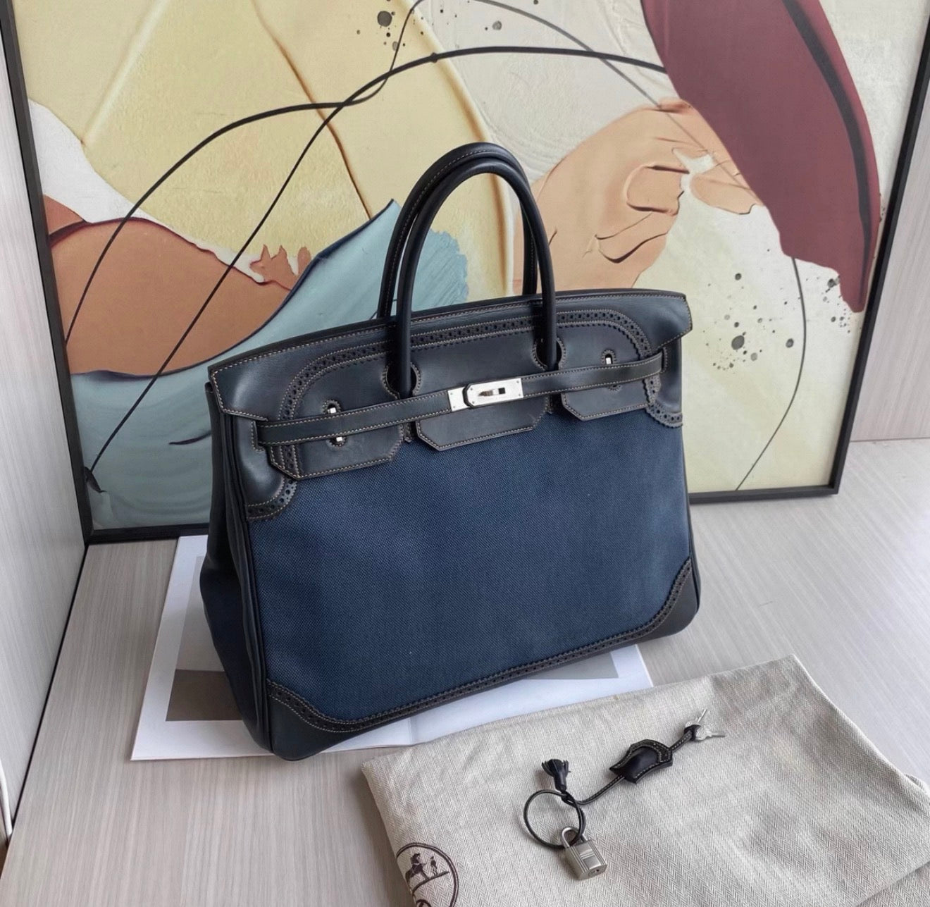 HERMÈS Birkin Ghillies 40 Noir Denim Denim Evercalf Brushed Palladium