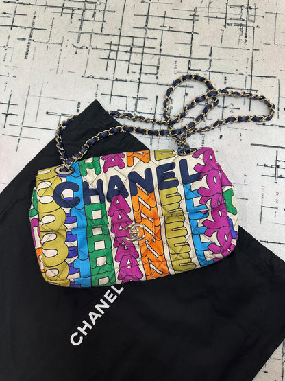 Chanel Medium Flap Bag Multicolor Rainbow Logo Nylon Light Gold Hardware