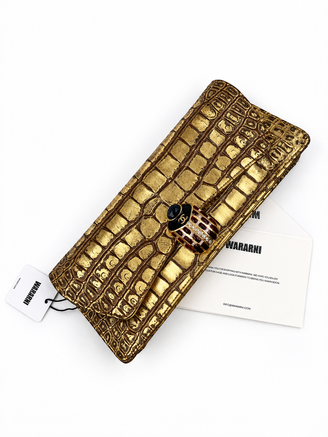 Chanel 19A Gold Crocodile Embossed Paris-New York Coco Scarab Ancient Egyptian Clutch Gold Hardware