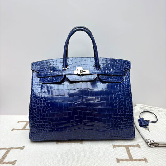 Hermes Birkin 40 Blue electric shiny porosus crocodile leather palladium hardware