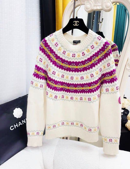 Chanel coco neige ski series colourful knitted white sweater size 36