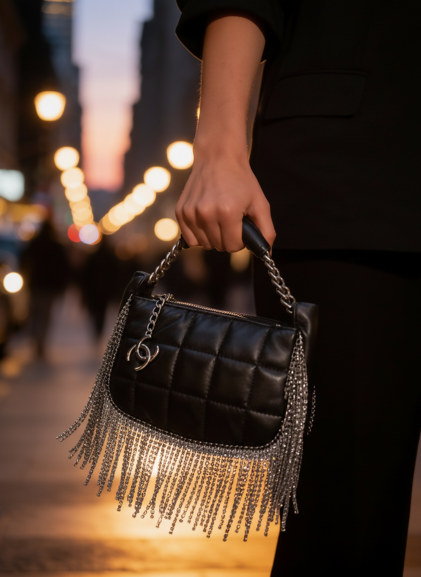 Rare Chanel 02A Mini Black Quilted Lambskin Silver CC Chain Fringe Bag