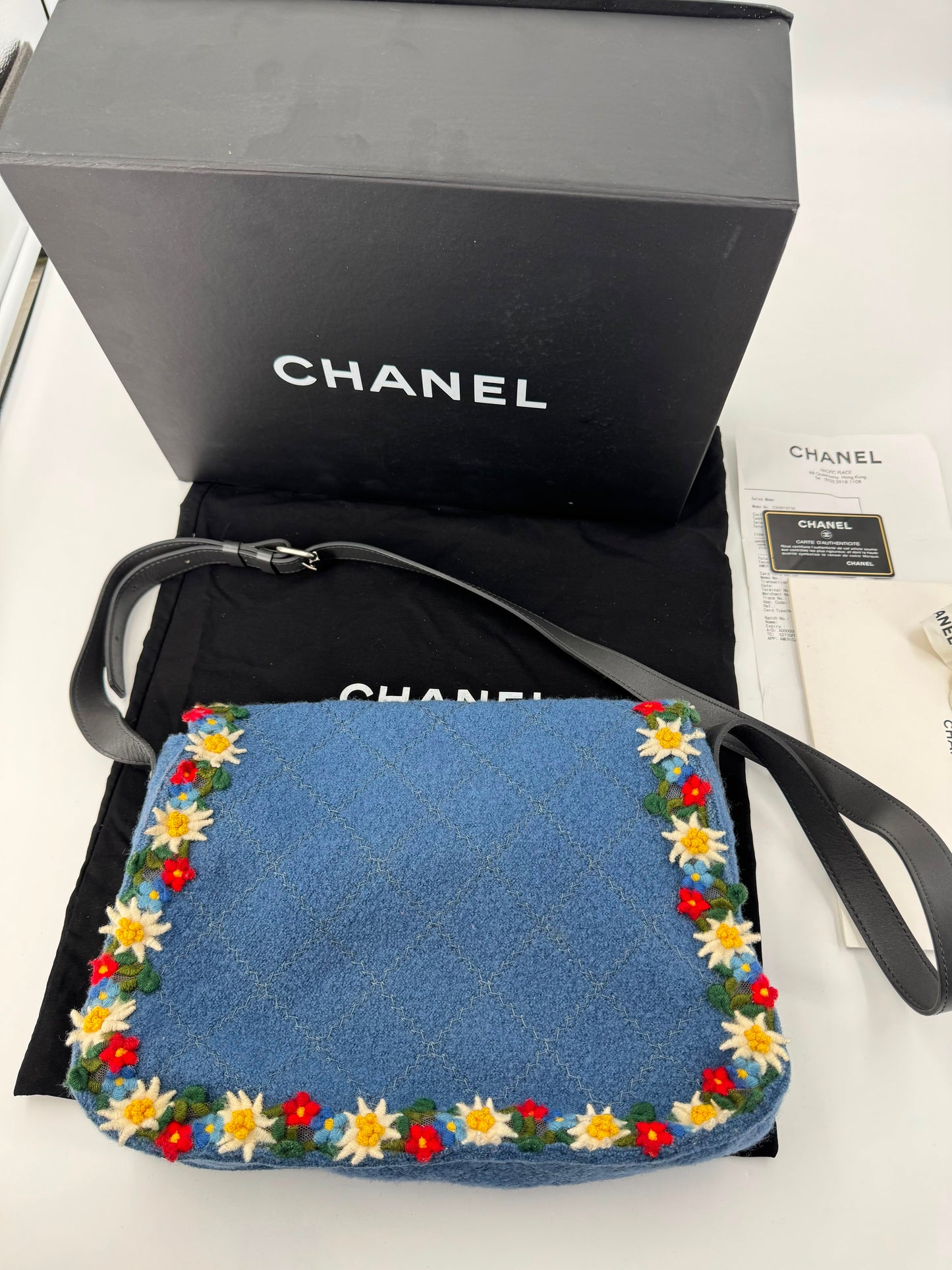 Limited edition Chanel 2015 Blue Fabric Paris-Salzburg Crest Austrian Embroidered Messenger Bag