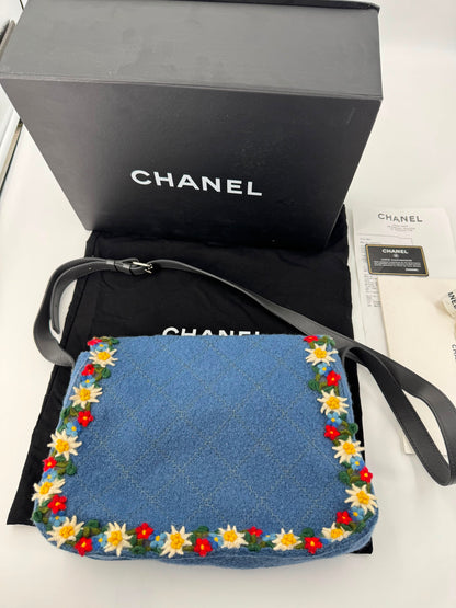 Limited edition Chanel 2015 Blue Fabric Paris-Salzburg Crest Austrian Embroidered Messenger Bag