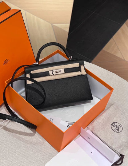 HERMES MINI KELLY BLACK EPSOM PALLADIUM HARDWARE
