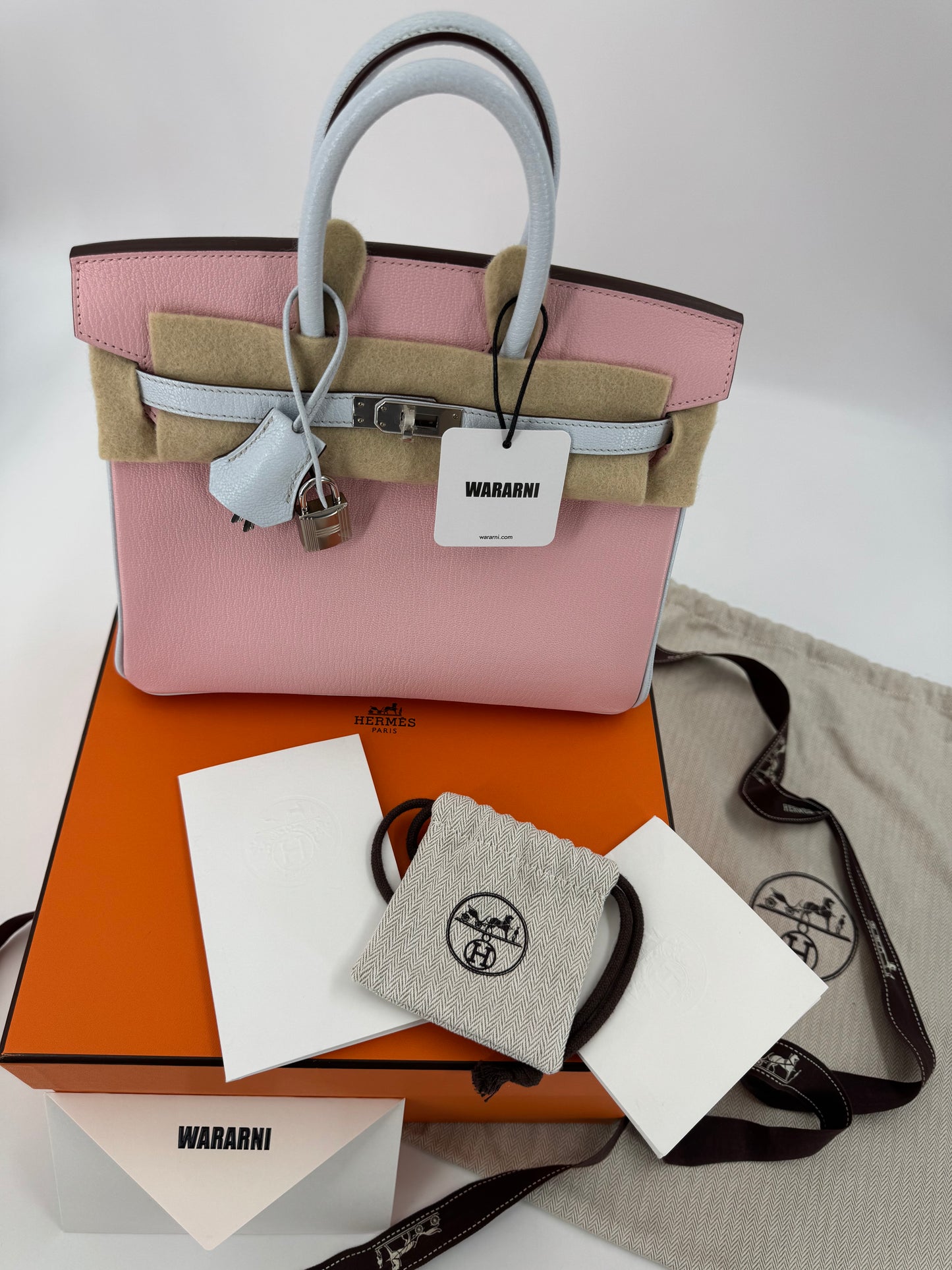 Hermès Birkin 25 3Q rose sakura pink & T0 Blue Brume Goatskin leather Brushed Palladium Hardware