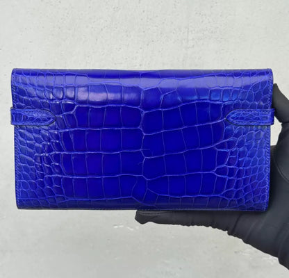 Hermès Kelly long electric blue shiny Alligator leather gold hardware