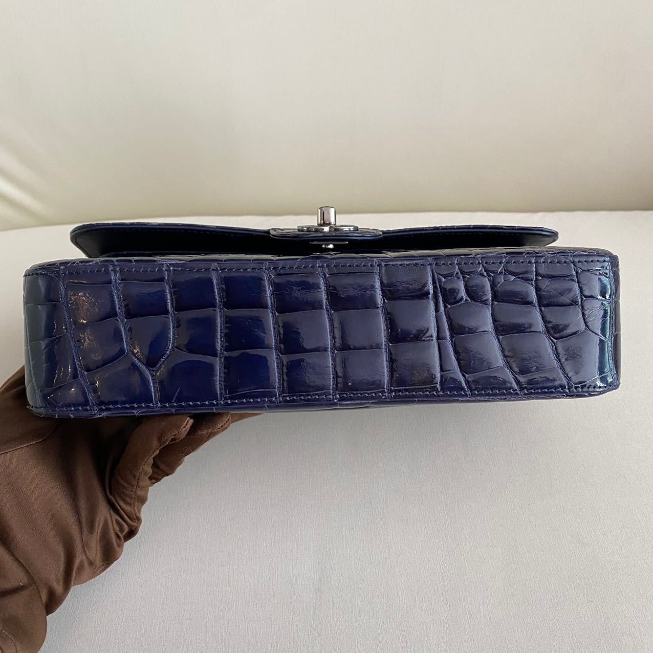 CHANEL SHINY BLUE ALLIGATOR CLASSIC FLAP BAG WITH SILVER HARDWARE