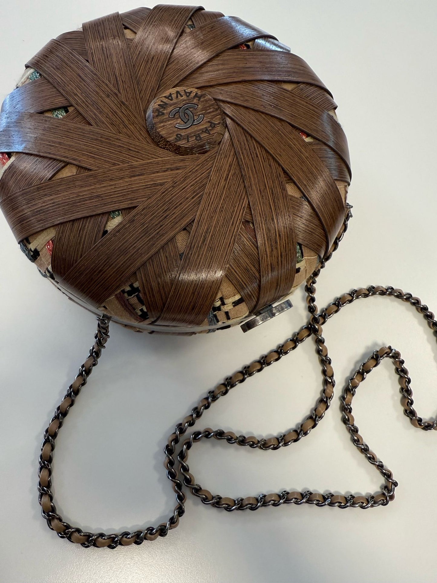 Rare Chanel “Havana By Night” Round Woven Wood and Tweed Minaudière