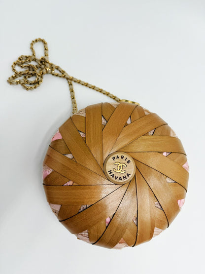 Rare Chanel “Havana By Night” Round Woven Wood and Tweed Minaudière