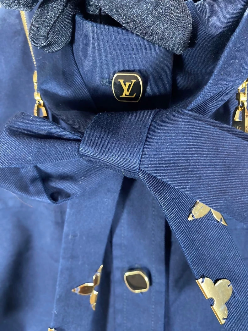 Louis Vuitton dark blue metallic logo ribbon top