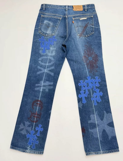 Chrome Hearts Levi's Stencil Blue Cross Patch Denim Jeans