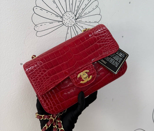Chanel Red Alligator leather gold hardware flap bag