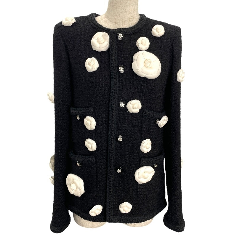 Rare Chanel 23K black tweed with white camellia flowers