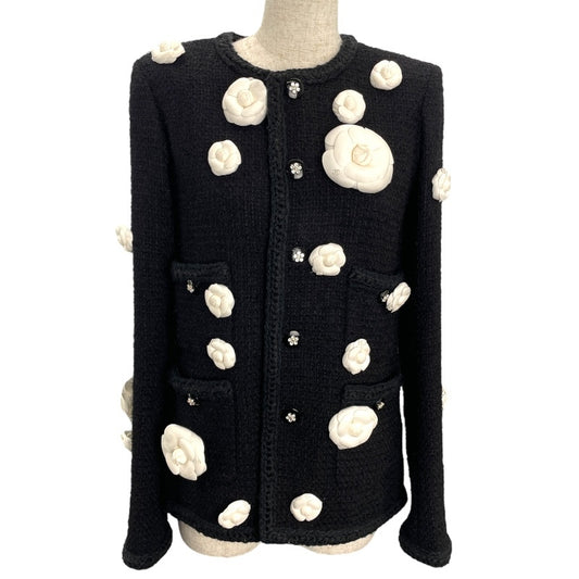 Rare Chanel 23K black tweed with white camellia flowers