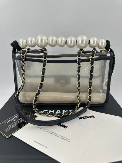 Chanel Black Lambskin PVC Sand By The Sea With Pearl Strap Flap Bag