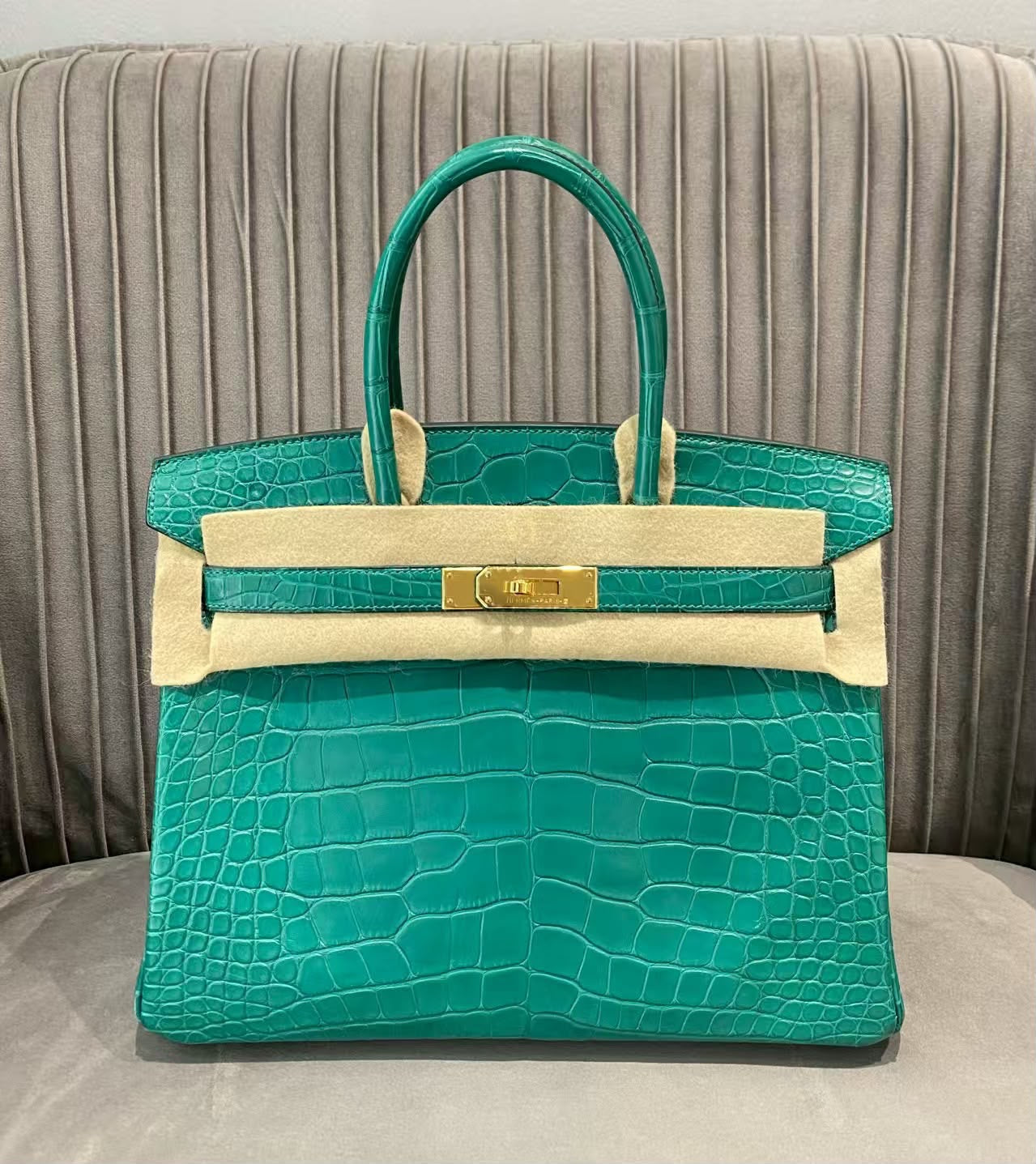 Hermes Birkin 30 Malachite Matte Alligator Gold hardware