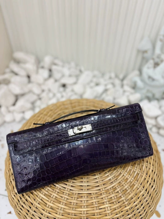 Hermes Kelly cut purple prunoir shiny crocodile palladium hardware