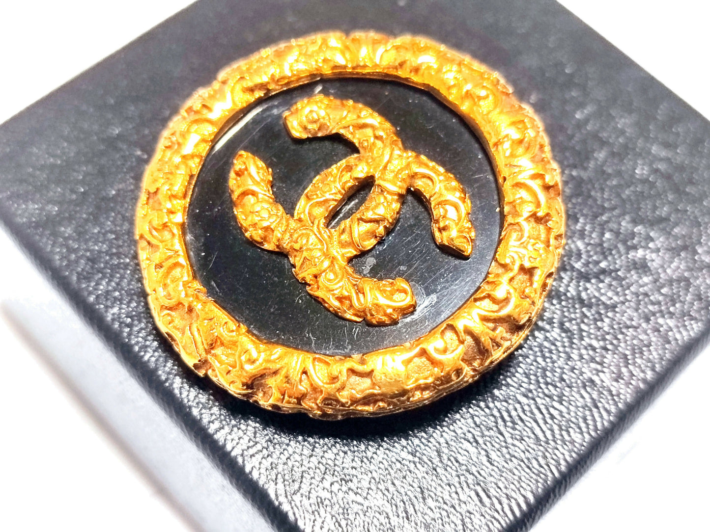 Chanel Vintage 93A Lava Gold Black Coco Mark Round Brooch