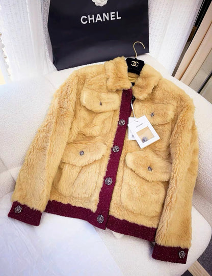 Chanel 22K silk fur jacket in beige and burgundy size 38