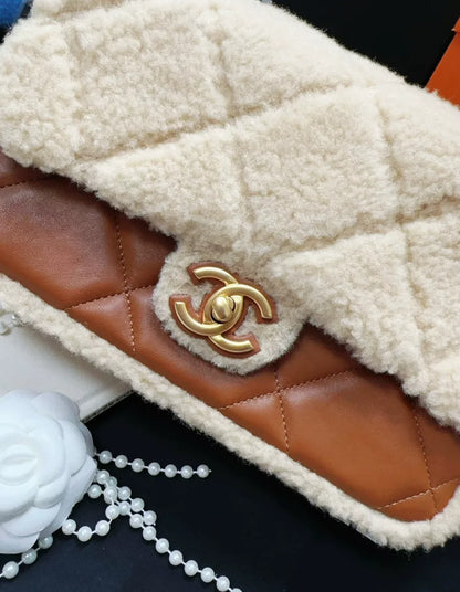 Chanel 24K shearling fur & Brown Leather flap bag