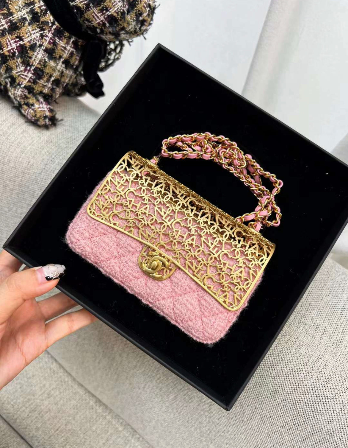 CHANEL Metal Tweed Logo CC Minaudiere Flap Bag Pink Gold