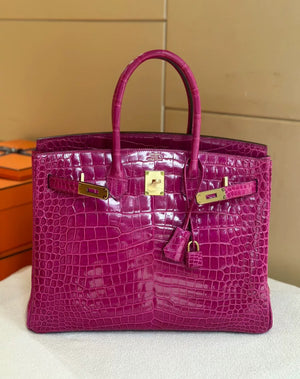 HERMÈS Birkin 30 Rose Scheherazade Shiny Porosus Crocodile Gold hardware