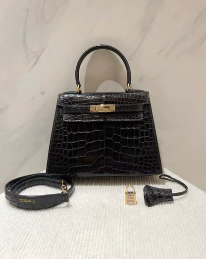 HERMÈS Mini Kelly 20 Black Porosus Crocodile Gold hardware Diamond White Gold hardware