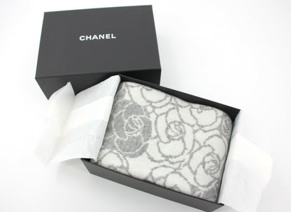 Chanel 23K Cotton Knitted Grey-white Camellia Scarf