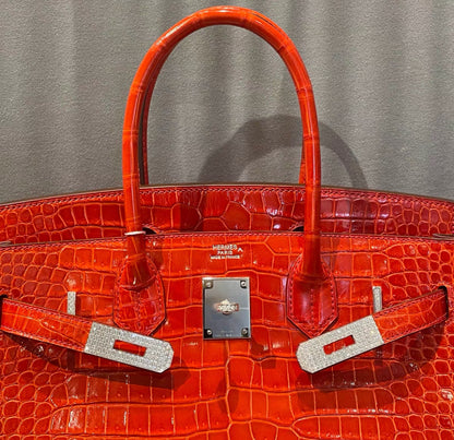 Hermès Birkin 30 Rouge Braise Shiny Porosus Crocodile 18K White Gold and Diamond Hardware