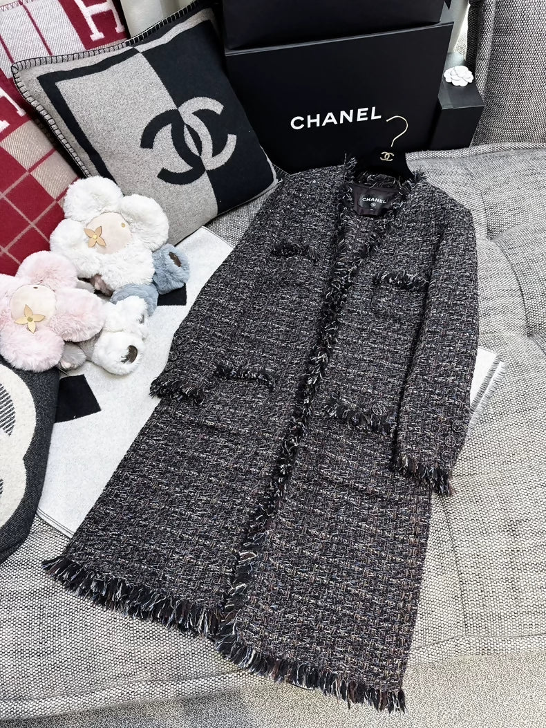 Chanel 19K grey Mixed Color Tweed Fringed Long Coat