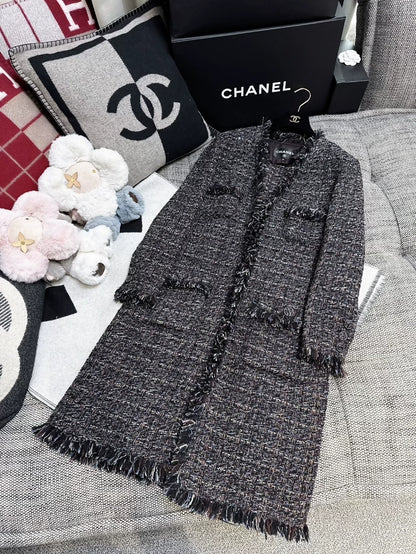 Chanel 19K grey Mixed Color Tweed Fringed Long Coat