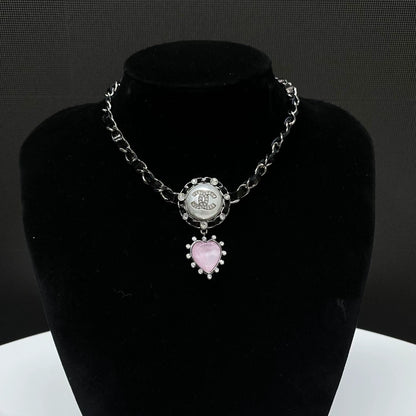 Chanel 21A pink heart leather chain rhinestone necklace