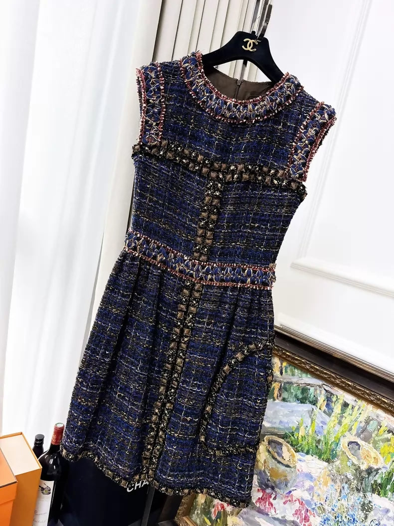 Chanel 11A Deep Blue Gold Thread Woven Sleeveless Dress