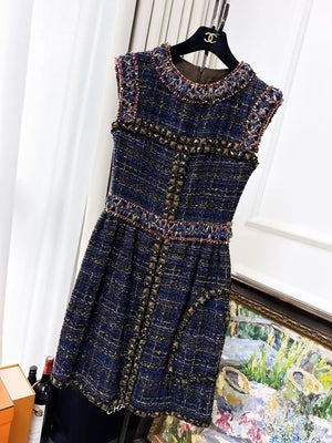 Chanel 11A Deep Blue Gold Thread Woven Sleeveless Dress