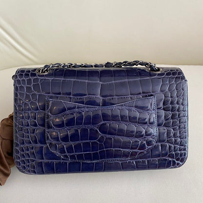 CHANEL SHINY BLUE ALLIGATOR CLASSIC FLAP BAG WITH SILVER HARDWARE