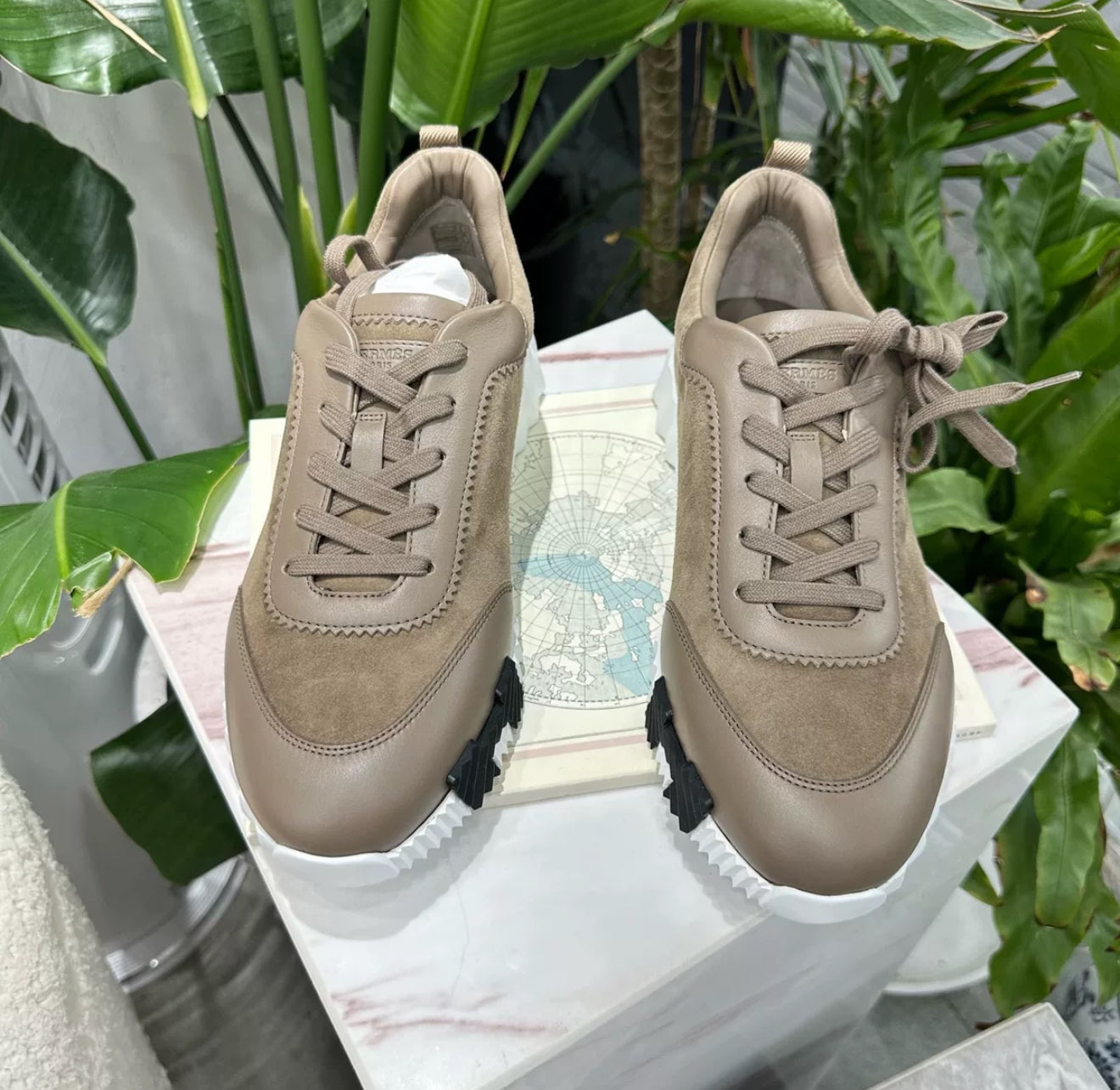 Hermes Men's Etoupe Suede Brume Bouncing 42 Sneaker