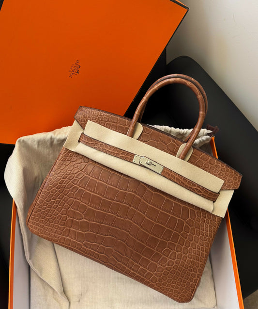 Hermès Birkin 35 Gold Matte Alligator (Square Symbol) with Palladium Hardware Square