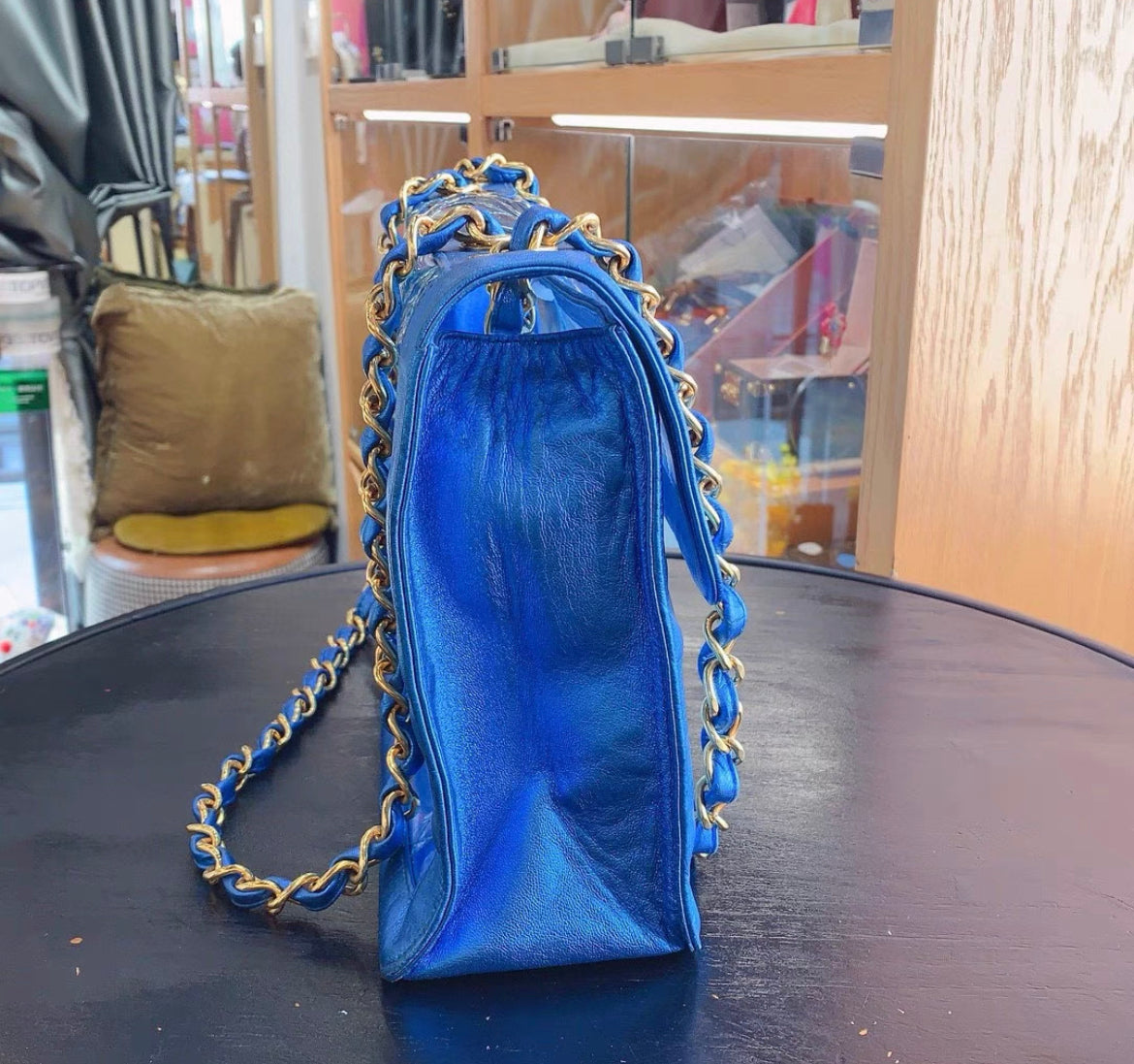 CHANEL 95P VINTAGE "BARBIE" MAXI FLAP METALLIC BLUE BAG 24K GHW CLASSIC PCI