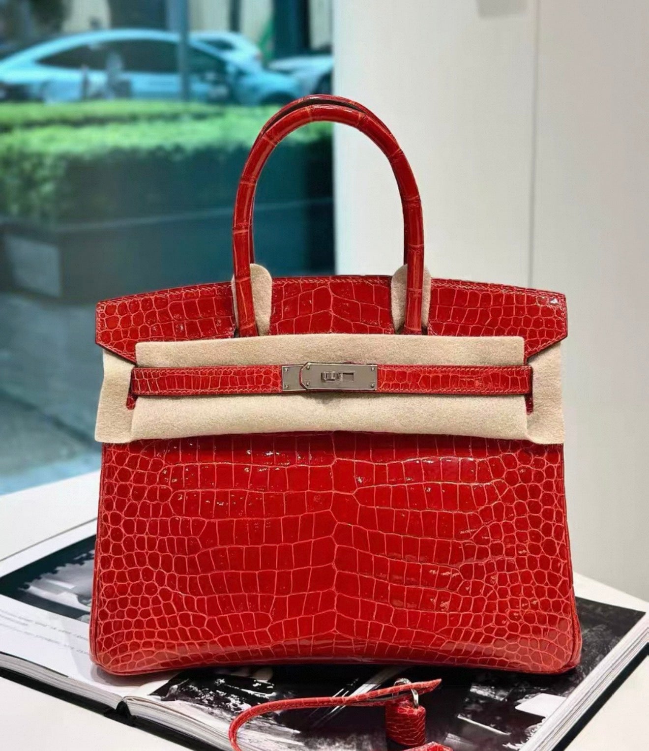 Hermes Birkin 30 Red Shiny crocodile leather Palladium hardware