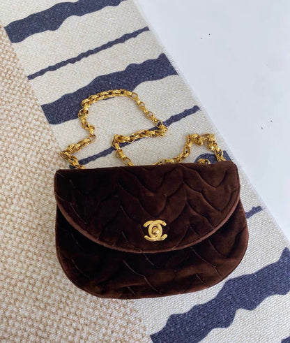 Chanel Vintage Flap Bag in Brow Velvet and Gold Hardware