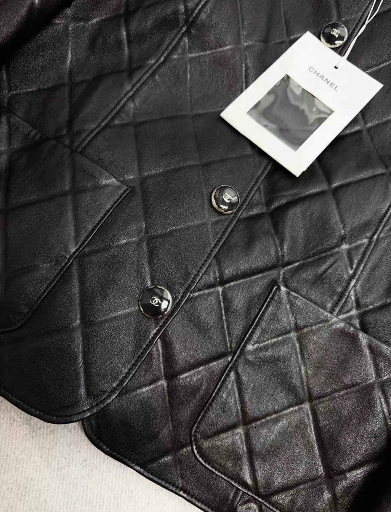 Chanel 25P black diamond pattern lambskin leather jacket