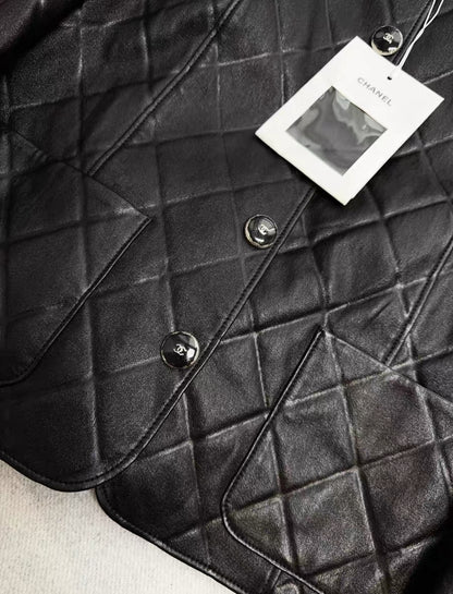 Chanel 25P black diamond pattern lambskin leather jacket