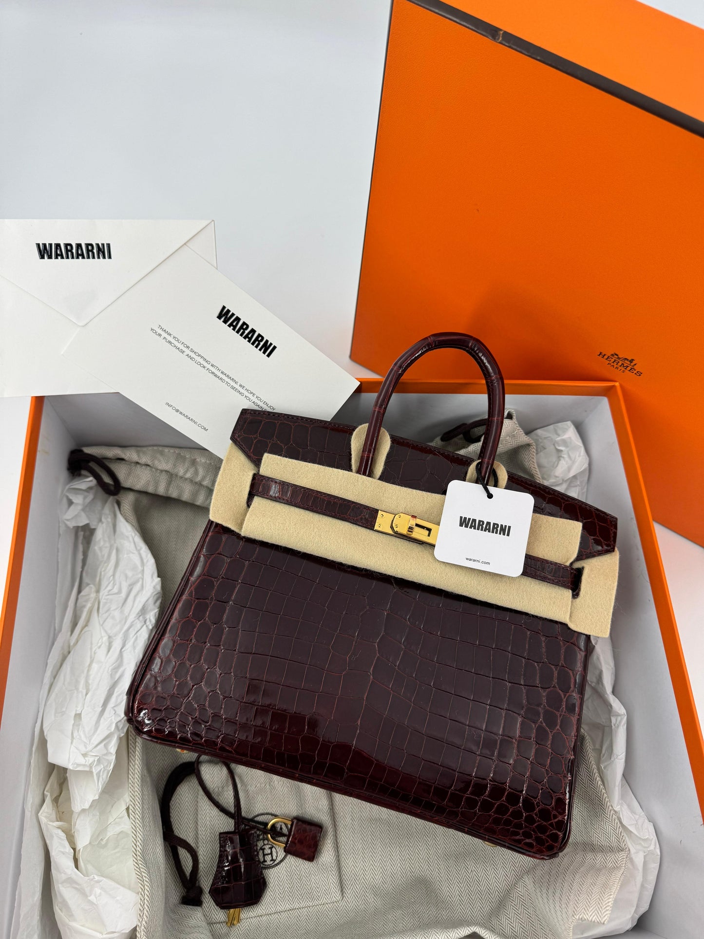 Hermes Birkin 25 Red Bordeaux shiny crocodile leather gold hardware