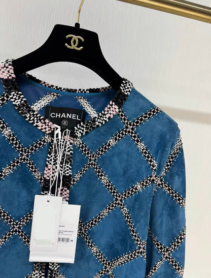 Chanel 23A Jacket in Calfskin Embroidered with imitation Pearls Blue, Pink, Black & white size 38