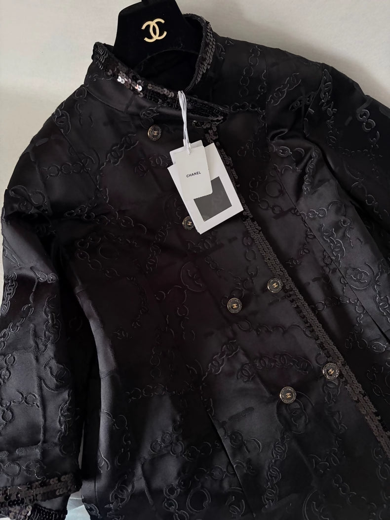 Chanel 22S Black Satin Sequin Print Coat