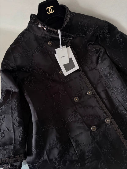Chanel 22S Black Satin Sequin Print Coat