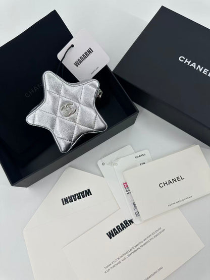 24C Chanel Mini Silver metallic lambskin STAR CC Logo Coin Purse charm