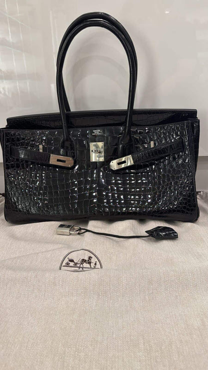 Rare! Hermes shoulder birkin black crocodile leather with palladium hardware unused with CITES