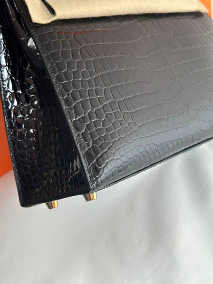 Hermès Kelly Midas 25 Noir Shiny Crocodile Porosus 18k yellow gold hardware & handle